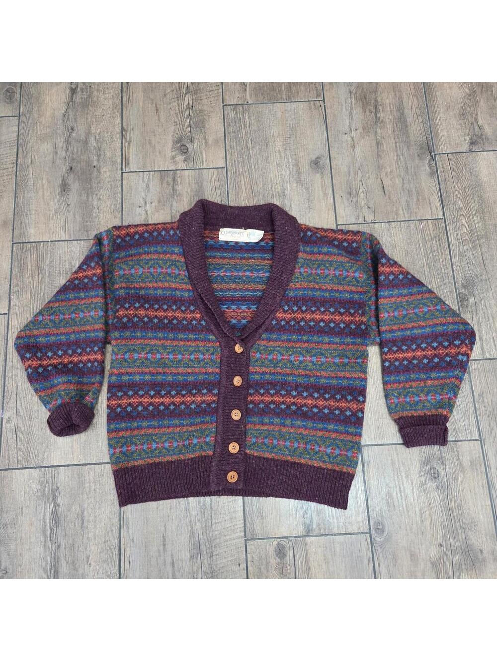 Susan Bristol Wool Geometric Pattern Knit Cardigan Sweater Multi Color Women's M